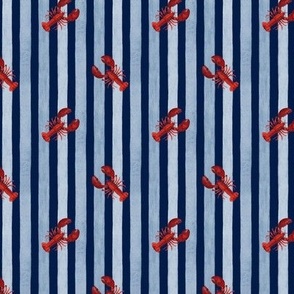 Red Lobster against Blue Stripes on Dark Navy, Watercolor Hand Pained, Ditsy , S
