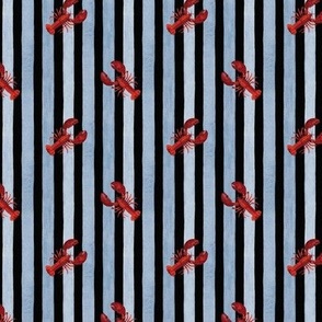 Red Lobster against  Blue Stripes on Black, Watercolor Hand Pained, Ditsy , S
