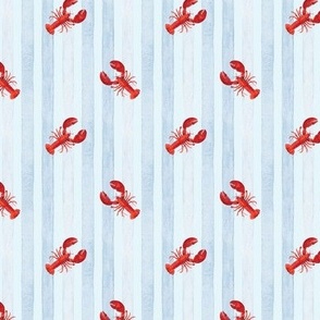 Red Lobster against Light Blue Stripes on Baby Blue, Watercolor Hand Pained, Ditsy , S