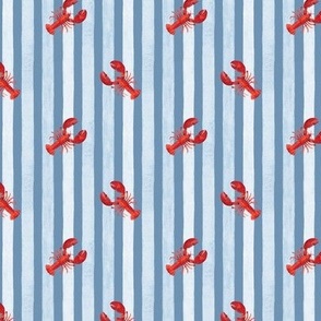 Red Lobster against Light Blue Stripes on Dusty Blue, Watercolor Hand Pained, Ditsy , S