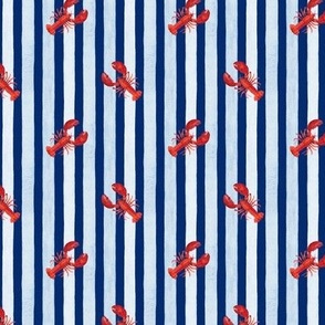 Red Lobster against Light Blue Stripes on Navy, Watercolor Hand Pained, Ditsy , S