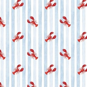 Red Lobster against Light Blue Stripes on White, Watercolor Hand Pained, Ditsy , S