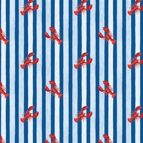 Red Lobster against Light Blue Stripes on Blue, Watercolor Hand Pained, Ditsy , S