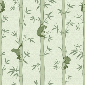 Japandi Bamboo Forest with Frogs, soft calming green colors
