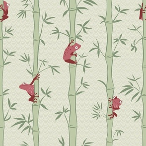 Japandi Bamboo Forest with Frogs, soft calming green with red accents