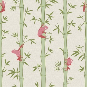 Japandi Bamboo Forest with Frogs, soft green and sandy beige with red accents