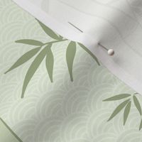 Japandi Bamboo Forest with Frogs, soft calming light green colors