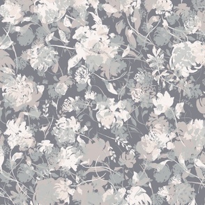 (L) Layered Peonies | Mauve Muted Pink Cream on Mist Gray | Textured Floral Foliage Botanical | Large Scale