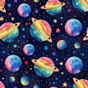 Space Joy: Watercolor Rainbow Planets and Moons with  Colorful Stars for Baby Nursery Kid Room Decor Apparel