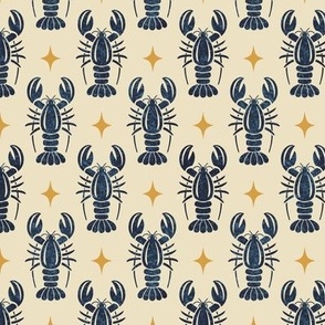 Small Lobsters and Stars // Navy Blue on Creamy Beige // Nautical Seaside Design