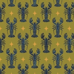 Small Lobsters and Stars // Navy Blue and Olive Green // Funky Nautical Block Print