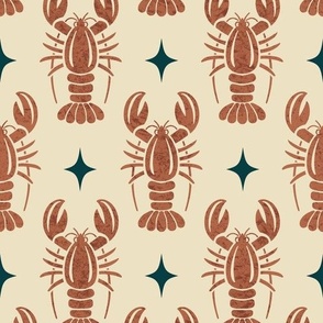 Medium Lobsters and Stars // Orange and Beige // Retro Seafood
