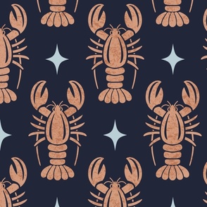 Large Lobsters and Stars // Orange and Navy Blue // Seaside Seafood
