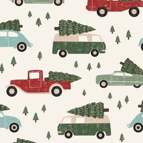 Vintage Cars with Christmas Trees, 9in, off white