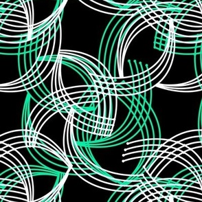 Abstract pattern with curved white and green lines on a black background