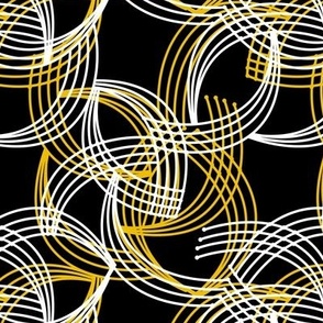 Abstract pattern with curved white and yellow lines on a black background