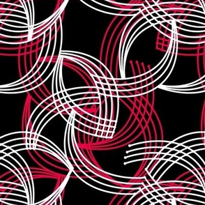 Abstract pattern with curved white and red lines on a black background