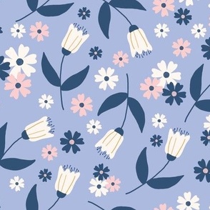 Medium / Sweet Blooms and Flowers Tossed in Pretty Pink, Blue and White