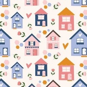 Small / Cute Little House Tiny Home in Pink and Blue on Cream