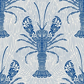 Ocean Bloom Lobster - decorative floral crustacean print - single color blue