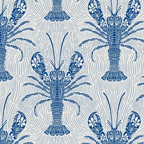 Ocean Bloom Lobster - decorative floral crustacean print - single color blue