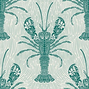 Ocean Bloom Lobster - decorative floral crustacean print - single color green