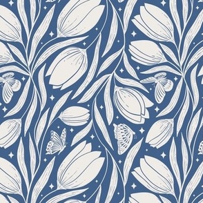 Tulips and Butterflies - white/ blue