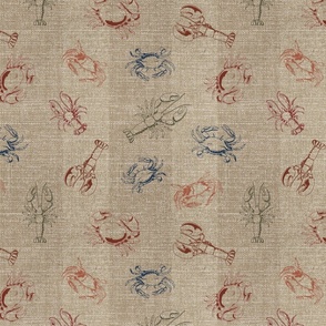 Linen-look line drawings of crustaceans in multi-colors on a flax tonal stripe