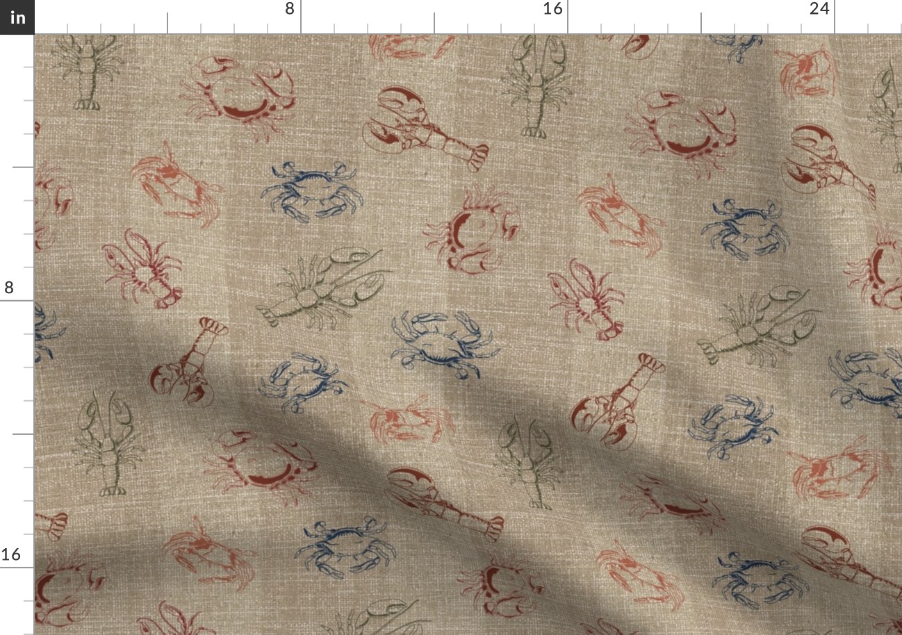 Linen-look line drawings of crustaceans in multi-colors on a flax tonal stripe