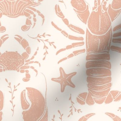 Crustacean core lobsters & crabs on cream linocut- medium scale 