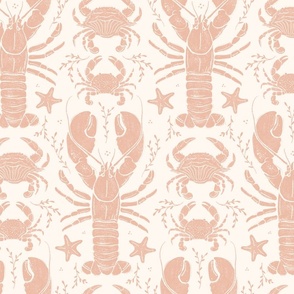 Crustacean core lobsters & crabs on cream linocut- medium scale 