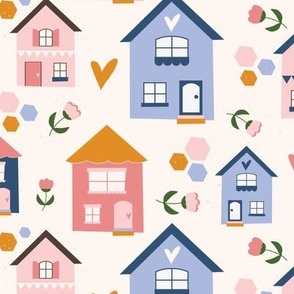 Medium / Cute Little House Tiny Home in Pink and Blue on Cream