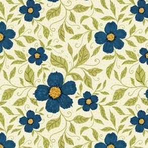6" Indigo Blue Flowers and Citron Green Leaves on Beige Background