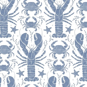 Crustacean core lobsters & crabs - medium scale linocut_light blue denim