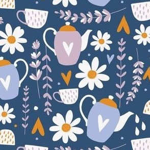Small / Teapot and Teacups in Blue and Purple with Flowers and Hearts