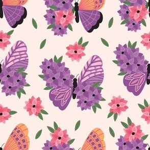 violet decorative butterfly and flowers on a pink background