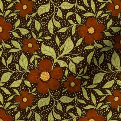 6" Maroon Red Flowers and Citron Green Leaves on Bistre Brown Background - Moody Boranical