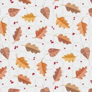 S Autumn leaves with cranberries on gray grid 0027 B falling leaf cravberrie red brown