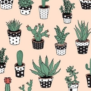 Succulents in Spotty pots, black and white on buff - Medium scale