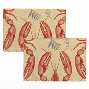 Red lobster on light yellow / neutral linen  with some herbs - medium scale