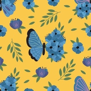  blue decorative butterfly and flowers on a yellow background