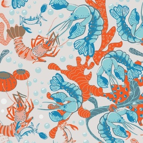 Crustacean Core Coastal Dance // Lobsters, Corals, Kelp and Crabs // Blue, Turquoise and Orange Reds on Sandy Beige // BIG
