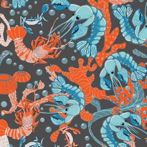 Crustacean Core Coastal Dance // Lobsters, Corals, Kelp and Crabs // Blue, Turquoise and Orange Reds on Anthracite Gray // BIG