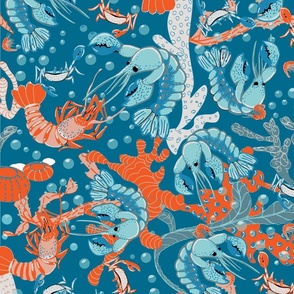 Crustacean Core Coastal Dance // Lobsters, Corals, Kelp and Crabs // Blue, Turquoise and Orange Reds on Deep Blue // BIG