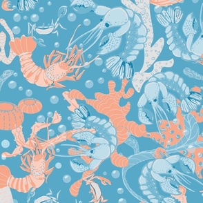 Crustacean Core Coastal Dance // Lobsters, Corals, Kelp and Crabs // Pastel Blue, Turquoise and Salmon Reds on Middle Blue