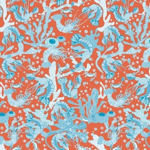 Crustacean Core Coastal Dance // Lobsters, Corals, Kelp and Crabs // Monochrome Blues on Orange Red