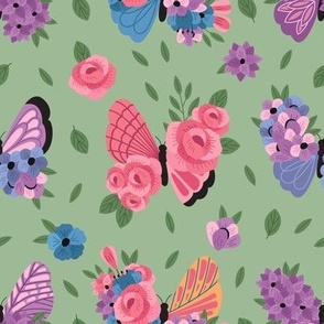 purple decorative butterfly and flowers on a green background