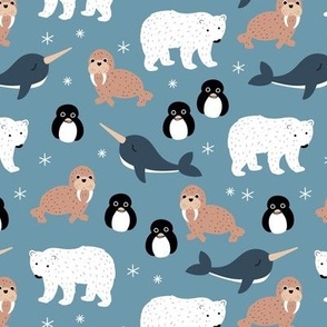 Cute arctic animals - polar bears narwhals penguins and walrus friends scandinavian style kids design boys palette on moody blue 