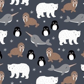 Cute arctic animals - polar bears narwhals penguins and walrus friends scandinavian style kids design boys palette gray brown charcoal neutral 