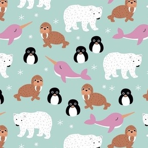 Cute arctic animals - polar bears narwhals penguins and walrus friends scandinavian style kids design girls palette pink blue mint 